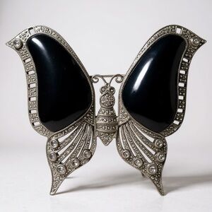 Butterfly Brooch Pin‎ Sterling Silver, Onyx & Marcasite Large